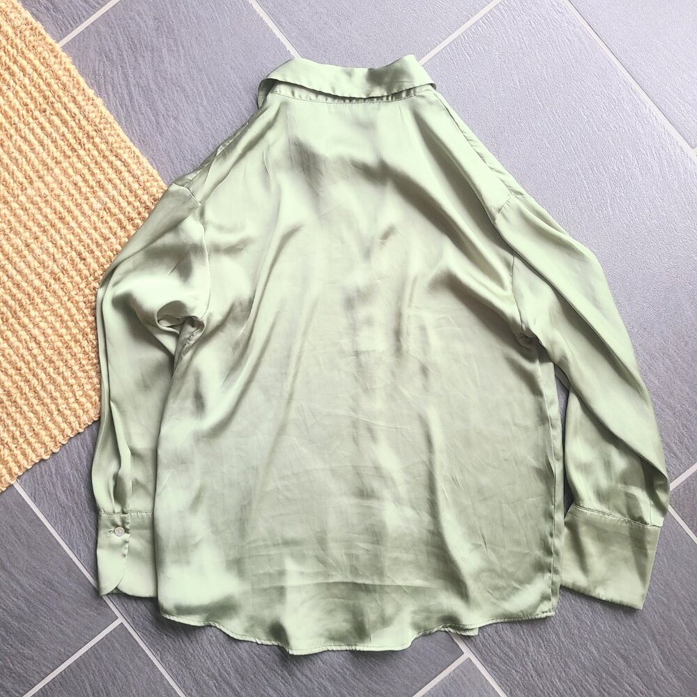Zara Sage Green Satin Button Down Long Sleeve Shirt Size Small - Picture 10 of 15